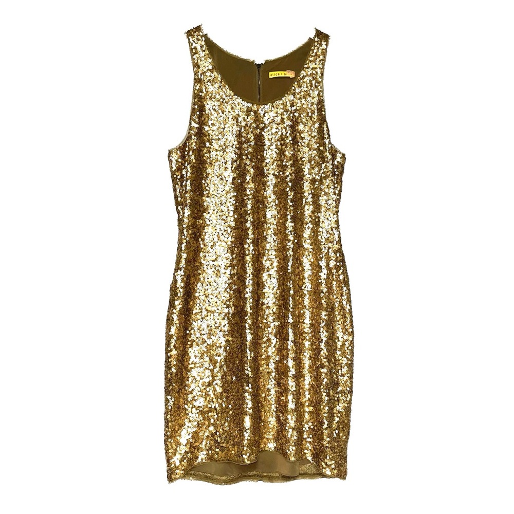 Alice + Olivia Paint The Town Gold Sequin Dress Womens Silk Disco Party SZ M NYE - Picture 1 of 9